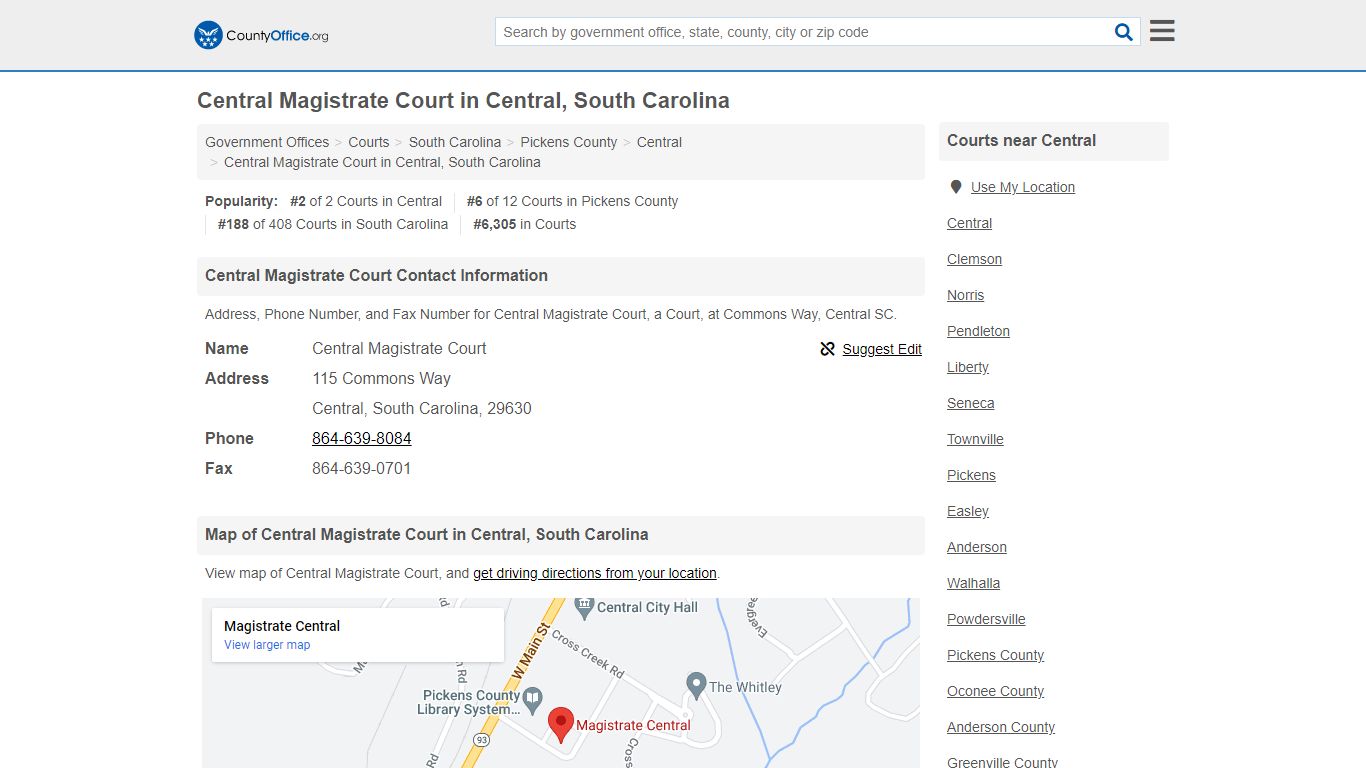 Central Magistrate Court - Central, SC (Address, Phone, and Fax)